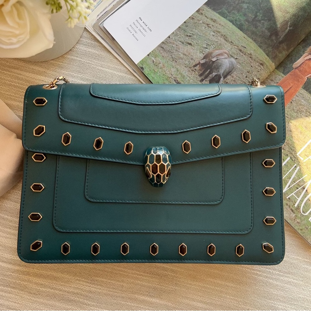 Bvlgari Green Leather Medium Studded Serpenti Forever Flap Shoulder Bag